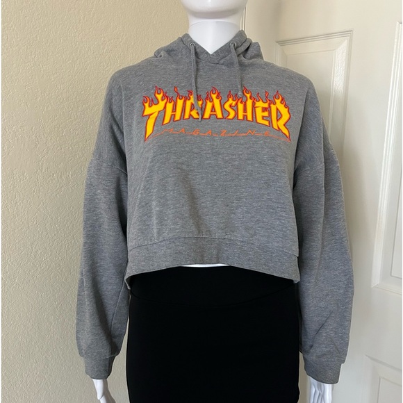 Thrasher Magazine Grey Cropped long sleeve Hoodie Size Small - Picture 2 of 6